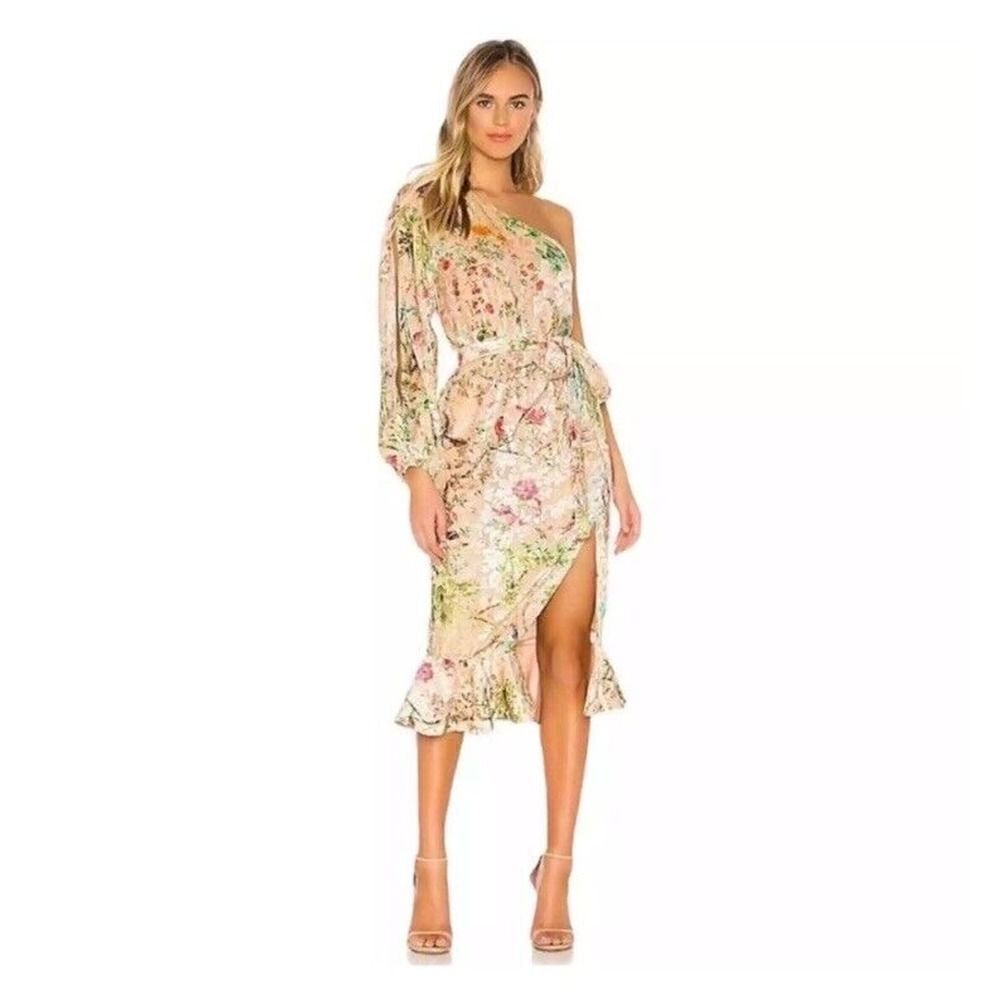 HEMANT & NANDITA one shoulder pastel floral velvet midi dress belt sz L $396 NWT